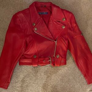 Red Cropped Moto Leather Jacket